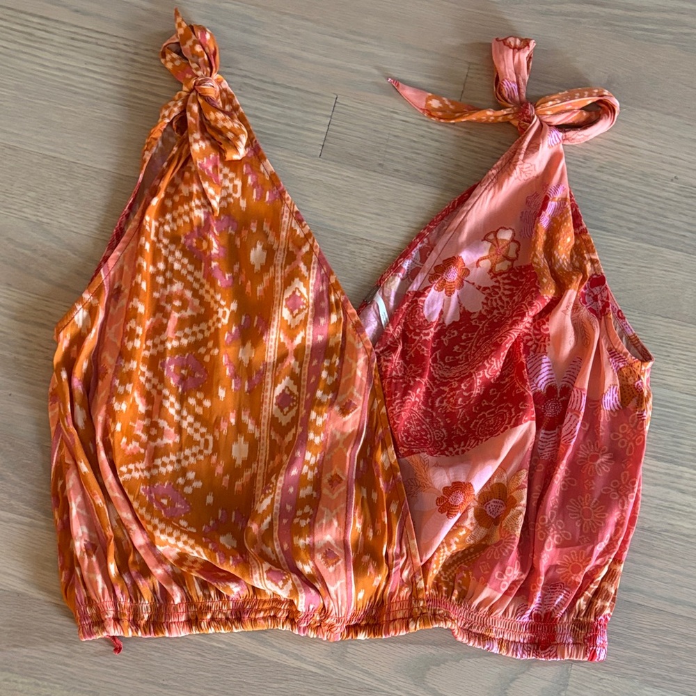 Free People Boho Halter Cropped Tank Top Blouse in Orange and Pink With Ties Sma
